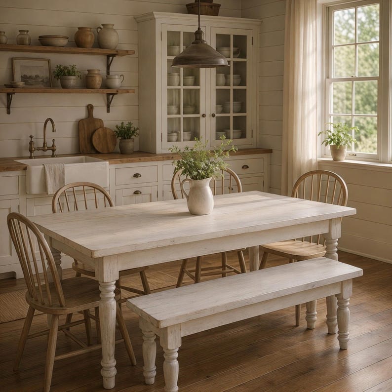 May include: A light-colored wooden dining table with a matching bench and four wooden chairs. The table is in a kitchen setting with a white cabinet, shelves, and a window. A white pitcher with greenery sits on the table.