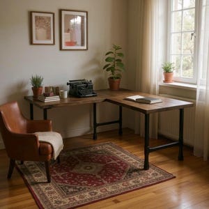 Rustic Wood L-Shaped Desk Industrial Pipe Legs L-Desk Handcrafted Corner Desk Home Office Desk Rustic Solid Wood Farmhouse Computer Desk
