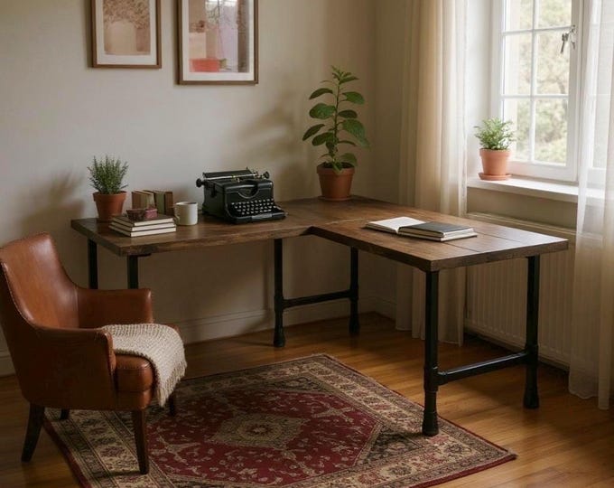 Rustic Wood L-Shaped Desk Industrial Pipe Legs L-Desk Handcrafted Corner Desk Home Office Desk Rustic Solid Wood Farmhouse Computer Desk