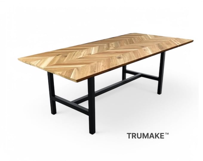 Chevron Table with H-Style Legs with center brace, Modern Table, Wood & Steel, Table Industrial Dining Harvest Table Farmhouse Dining Table