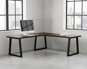 RUSTIC L-SHAPED DESK. Trapezoid Legs. Solid Wood Plank Boards Desk.