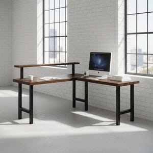 30"H) Desk Work Station w/H-Style Steel Legs, L-Shaped Desk Rustic Wood Steel Desk Urban Wood Desk Corner Desk Station Computer Office Desk