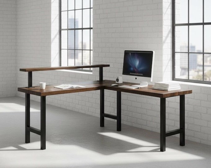 30"H) Desk Work Station w/H-Style Steel Legs, L-Shaped Desk Rustic Wood Steel Desk Urban Wood Desk Corner Desk Station Computer Office Desk