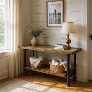 Entry Table, Console Table with Shelf, Pipe Sofa Table, Urban Wood Industrial Hall Table Hallway Table, Rustic Wood and Pipe Console Table