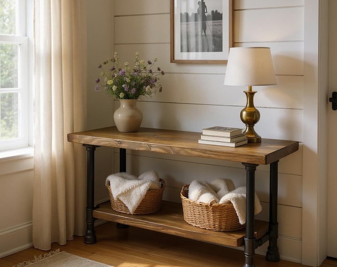 Entry Table, Console Table with Shelf, Pipe Sofa Table, Urban Wood Industrial Hall Table Hallway Table, Rustic Wood and Pipe Console Table