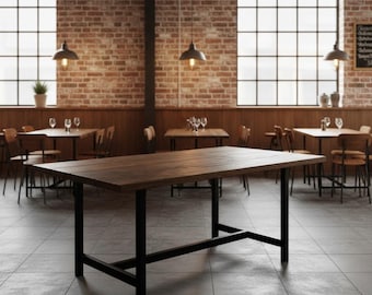 Rustic Wood Dining Table: Industrial Steel H-Leg Farmhouse Table