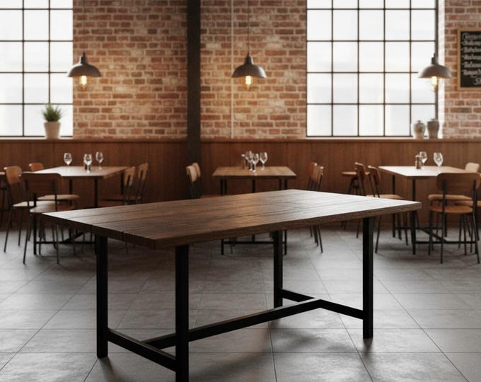 Rustic Wood Dining Table: Industrial Steel H-Leg Farmhouse Table