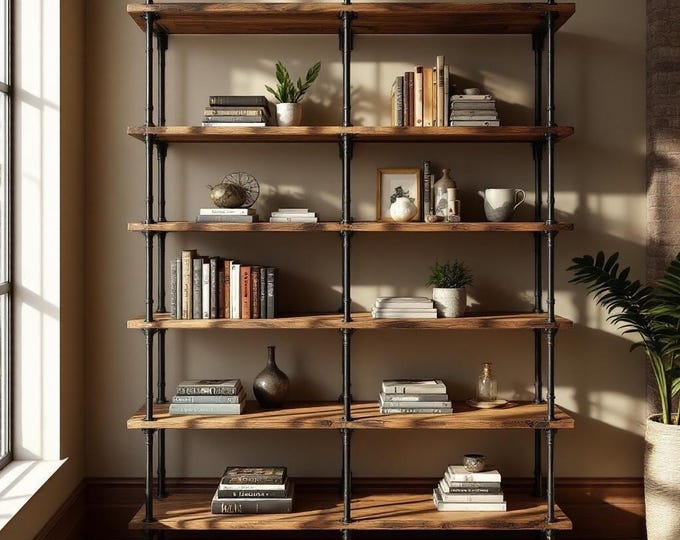 Book Shelf Unit | Rustic Wood and Pipe | Home Office Library Six Shelf | Customizeable Sizes Industrial Shelving Unit Handcrafted in the USA