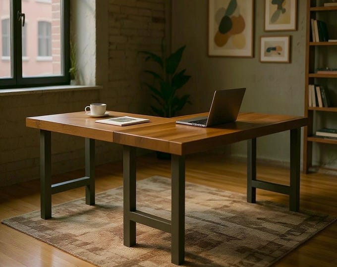 H-Leg Rustic L-DESK, Wood Steel L-Shaped Desk, Home Office Desk, Computer Dresk, Corner Desk, Farmhouse Desks, Modern Industrial Desks