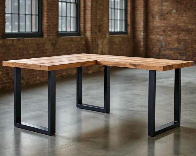 Customizable L-Shaped Desk, Wood Steel Home Office Desk, Rustic Corner Computer Desk