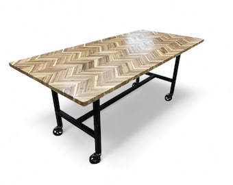 Chevron Wood Mobile Table: Solid Wood & Black Steel Industrial Bar Cart