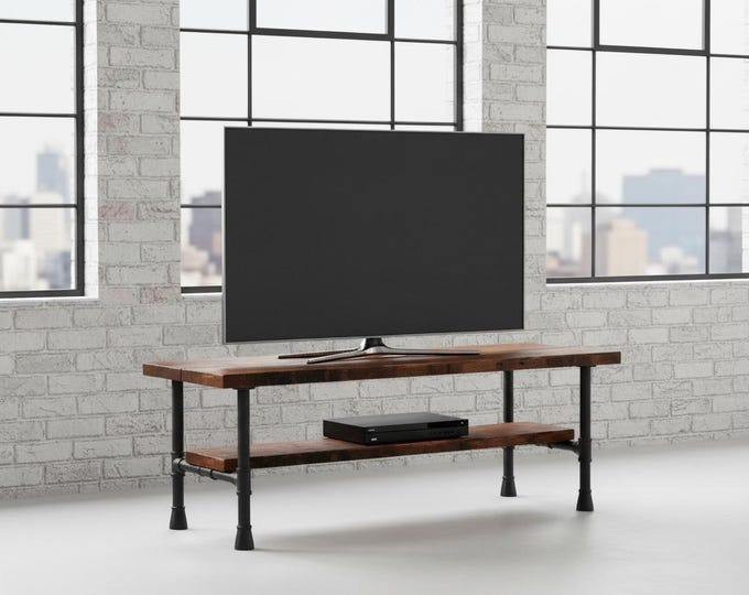 TV Stand Console with Shelf, Urban wood Television Console Stand, Industrial TV Stand, Rustic Wood Media Console, Rustic Wood & Pipe Console