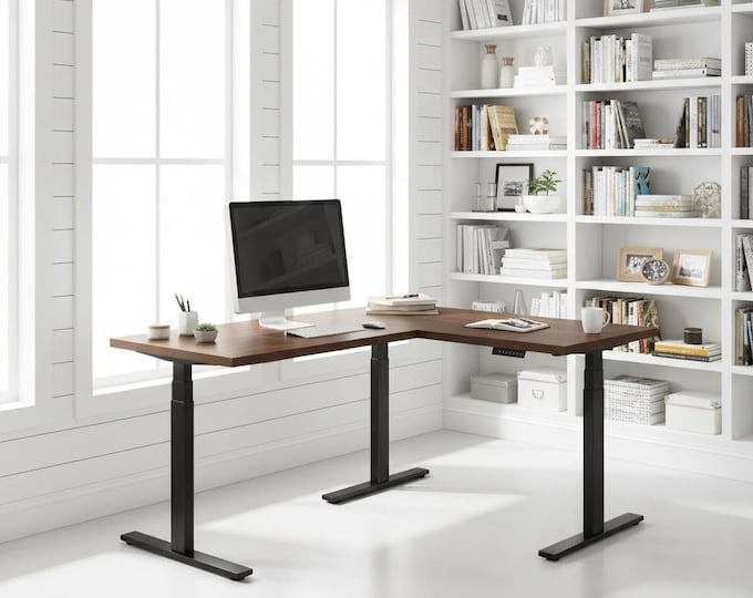 Adjustable Height L-Shaped Desk Sit or Stand Solid Smooth Butcherblock Wood Desk Corner Desk | Office Gift | L-Desk Handmade L-Shaped Desk