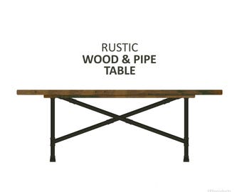 X-Pipe Dining Table Rustic Wood & Pipe Table, Trestle Table, Farmhouse Table Dining Table, Industrial Style, Urban Wood Table, Harvest Table