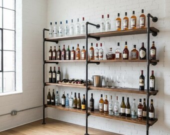Industrial Wall Shelving Unit | Wine Bottle Shelf Unit | Rustic Wood Shelving | Beer Shelf | Book Shelf Unit