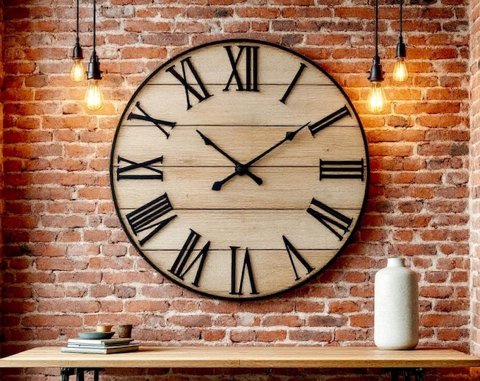 Large 33” Clock | Rustic Wall Clock | Giant Round Clock | Handcrafted Solid Wood Office Clock | Industrial Loft | Living Room Clock | USA