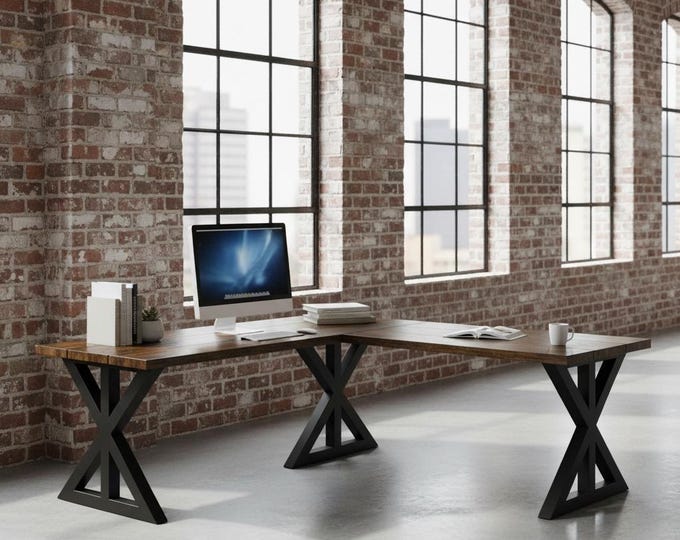 RUSTIC FARMHOUSE L-DESK, Wood Steel L-Shaped Desk, Home Office Desk, Computer Dresk, Corner Desk, Farmhouse Desks, Modern Industrial Desks