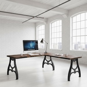 MACHINE LEG L-DESK, Industrial Style Wood Steel L-Shaped Desk, Home Office Desk, Rustic Corner Desk, Modern Desk, Repurposed Computer Desk