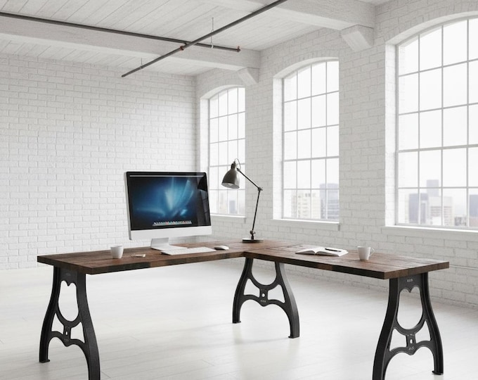 MACHINE LEG L-DESK, Industrial Style Wood Steel L-Shaped Desk, Home Office Desk, Rustic Corner Desk, Modern Desk, Repurposed Computer Desk