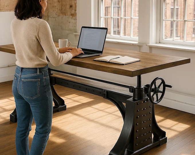 Vintage Style Crank Table Adjustable Height Table | Handcrafted Wood Table | Machine Factory Legs Style | Industrial Style Table