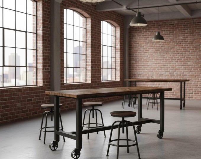 Mobile Bar Table | Rustic Wood & Steel with Vintage Locking Wheels