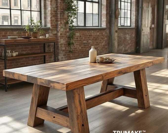 SOLID WOOD TABLE | Handcrafted Thick Wood Rustic Dining Table | Harvest Dining Table | Rugged Wood Table Heavy Table | Kitchen Farm Table