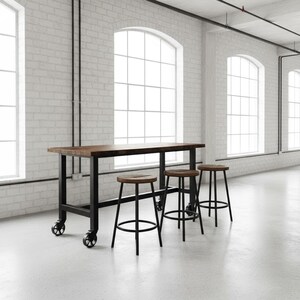 Rustic Bar Table with Locking Caster Wheels. Mobile Bar Table. Solid Wood and Steel. Pub Table. Counter Table. Modern Industrial Table