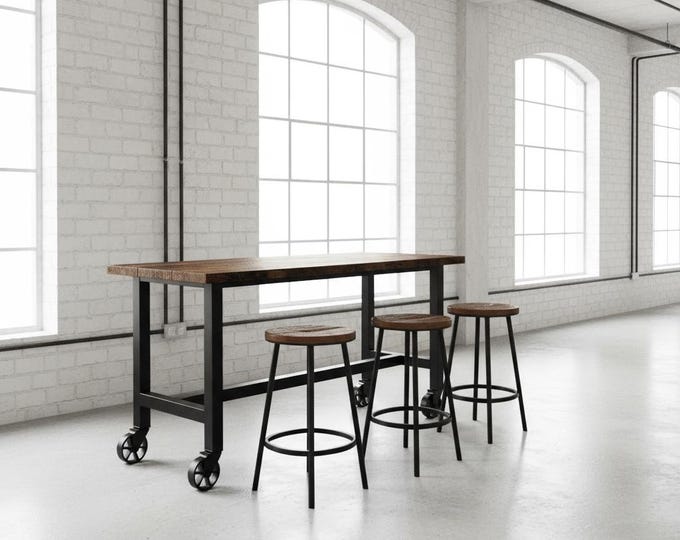 Rustic Bar Table with Locking Caster Wheels. Mobile Bar Table. Solid Wood and Steel. Pub Table. Counter Table. Modern Industrial Table