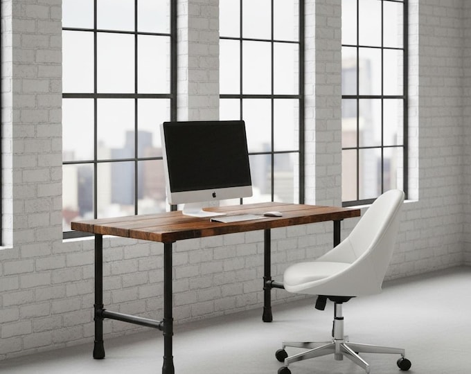 Rustic Wood Desk | Wood Plank and Industrial Steel Pipe Desk | Computer Desk | Office Desk | Modern Farmhouse Desk | Personal Desk | USA