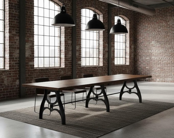 Industrial Style Table | Solid Wood Vintage Dining Table | Antique Style Table Cast Metal Legs | Vintage Chicago | Made in USA Free Shipping