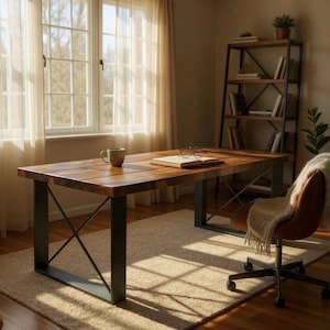 Wood Desk with Steel Square X-Legs, Industrial Style Desk, Chic Rustic Wood and Steel Desk, Urban Wood Desk, Modern Desk, Computer Desk