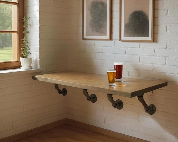 Wall Bar Table Shelf | Rustic Bar Shelf | Wall Shelf | Solid wood and steel pipe Rustic Industrial Shelf | Handcrafted | Free Shipping!
