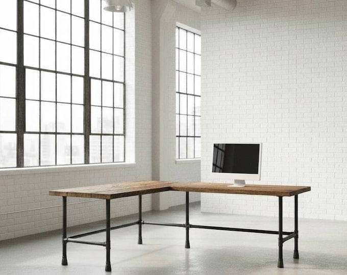 Handmade Rustic L-Shaped Desk: Wood & Steel Corner Desk
