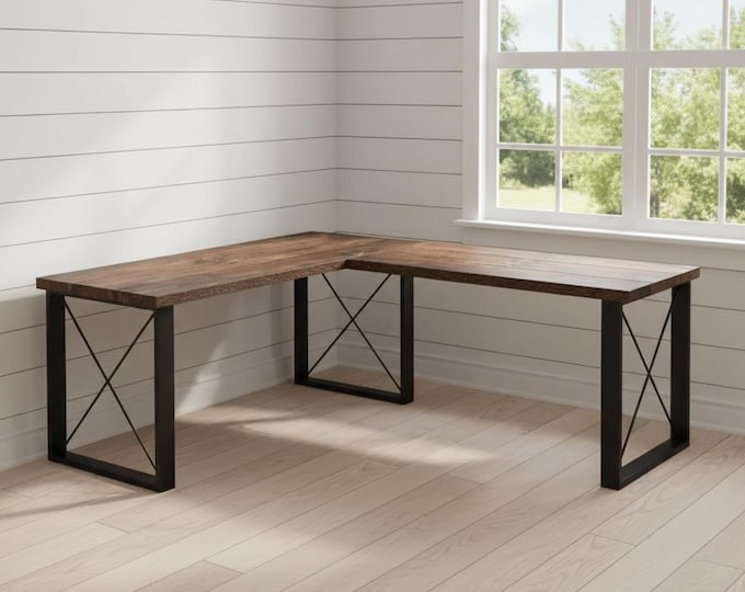 L-Shape Desk, Square-X Leg, Rustic Wood & Steel Desk, Industrial Style Desk, Urban Wood Desk Modern Farmhouse Desk Office Desk Computer Desk