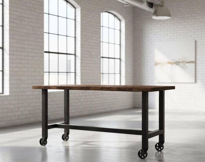 Rustic Wood & Steel Bar Table with Locking Wheels