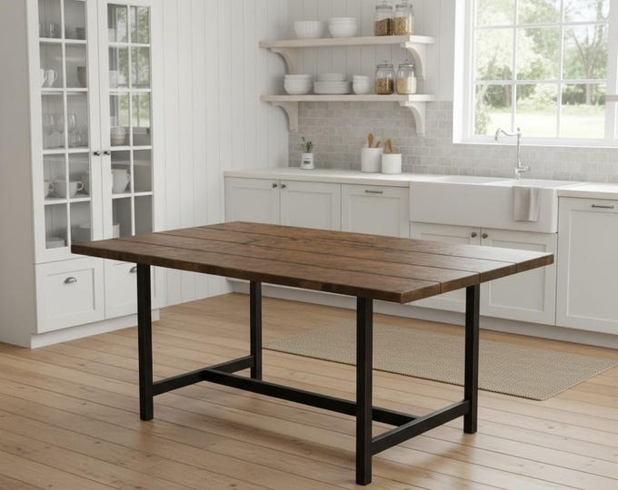 Rustic Wood Dining Table: Modern Steel H-Leg Farmhouse Table