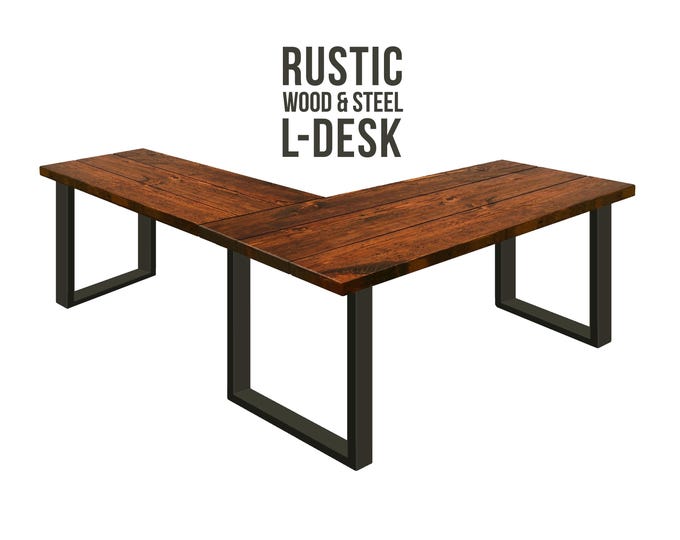 L Shaped Desk Modern Square Leg, Rustic Wood & Steel Desk, Industrial Style Desk, Solid Wood Desk, Farmhouse Desk Office Desk Computer Desk