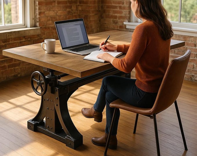 Cast Iron Crank Height Adjustable Table, Cast Iron Vintage Hand Crank Industrial Table Rustic Steel Wood Conference