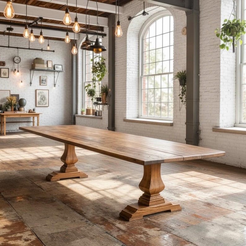 May include: A long rectangular wooden dining table featuring a smooth, natural grain surface supported by two substantial, carved pedestal bases with wide, flat feet, positioned in a spacious room with white brick walls and large arched windows.