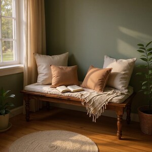 May include: A wooden bench with cream-colored cushions and several pillows in shades of beige and brown. An open book and a fringed throw blanket rest on the bench. The scene is set in a room with a window, curtains, and a round rug.