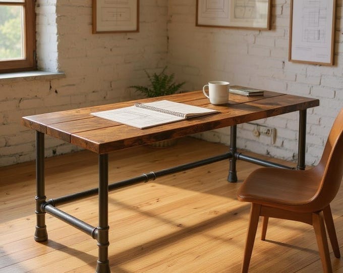 Rustic Desk Pipe Desk, Distressed Industrial Desk, Chic Desk, Industrial Chic Style Desk, Solid Wood Desk, Urban Wood Desk Office Desk