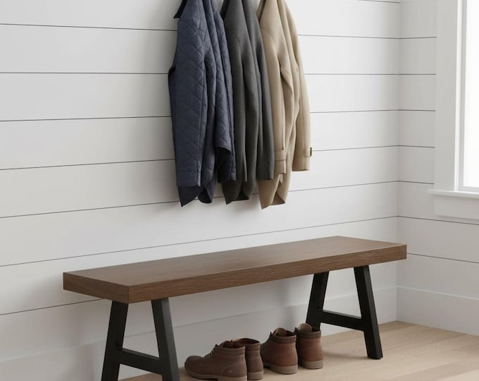 Rustic Wood and Steel A-Leg Bench: Handcrafted Industrial Style