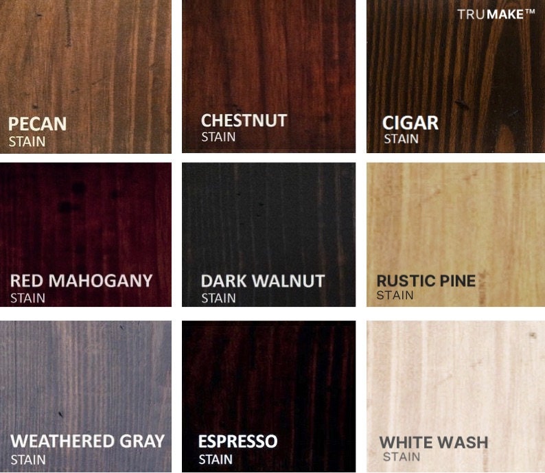 May include: A grid of nine wood stain samples, each with a different color and name. Colors range from light to dark, including pecan, chestnut, cigar, red mahogany, dark walnut, rustic pine, weathered gray, espresso, and white wash.