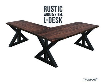 RUSTIC FARMHOUSE L-DESK, Wood Steel L-Shaped Desk, Home Office Desk, Computer Dresk, Corner Desk, Farmhouse Desks, Modern Industrial Desks