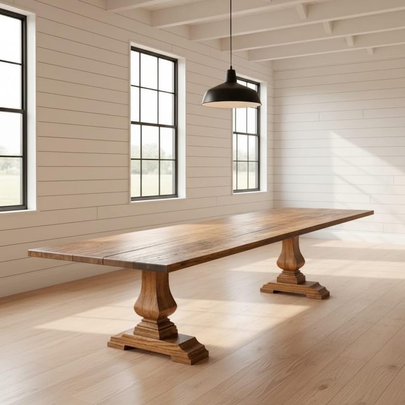 May include: A long rectangular wooden dining table featuring a smooth, natural brown grain surface and two sturdy pedestal bases with carved, tiered detailing. The table is positioned in a bright room with white horizontal wall paneling.