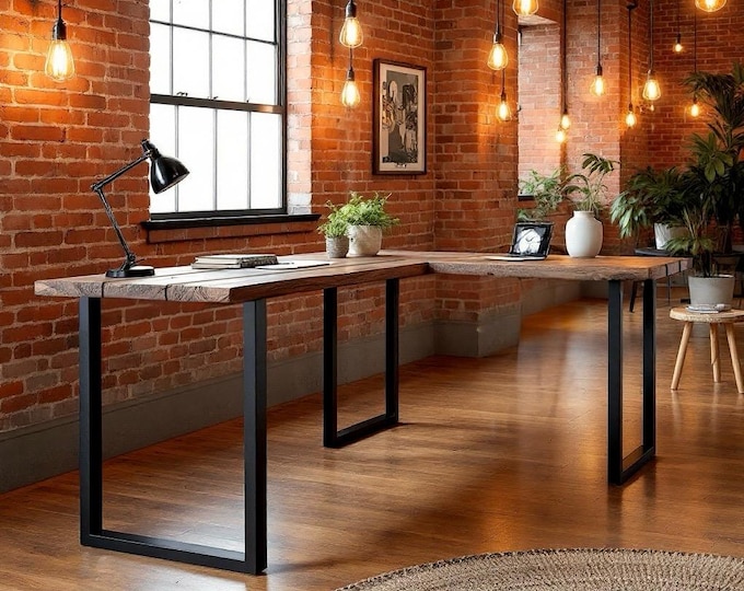 TRUMAKE™ L-Shaped Desk, Wood Steel L-Desk, Home Office Desk, Rustic Corner Desk, Farmhouse Desks, Modern Industrial Desk, Computer Desk, USA