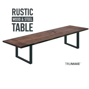 Rustic Wood and Steel Dining Table: Solid Wood Plank, Square Legs