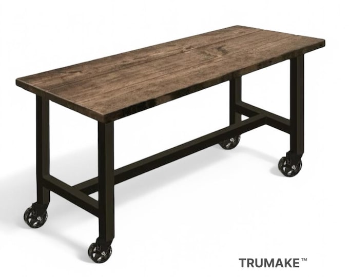 Rustic Bar Table with Locking Caster Wheels. Mobile Bar Table. Solid Wood and Steel. Pub Table. Counter Table. Modern Industrial Table