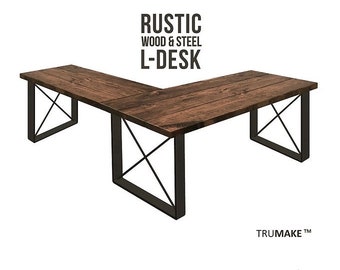 L-Shape Desk, Square-X Leg, Rustic Wood & Steel Desk, Industrial Style Desk, Urban Wood Desk Modern Farmhouse Desk Office Desk Computer Desk