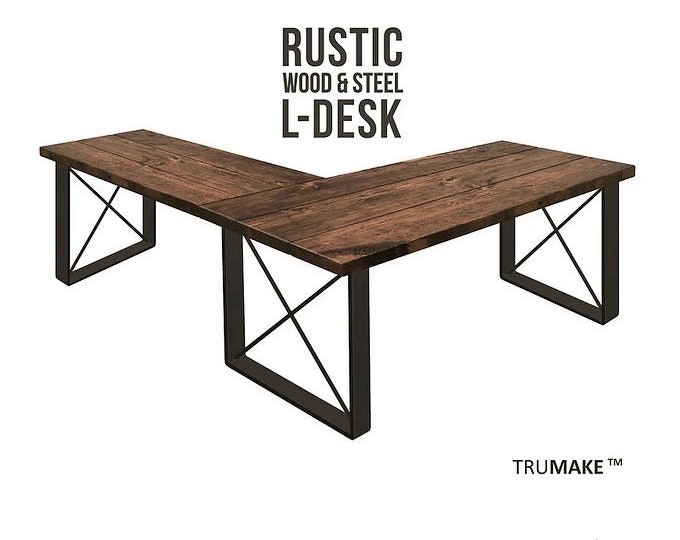 L-Shape Desk, Square-X Leg, Rustic Wood & Steel Desk, Industrial Style Desk, Urban Wood Desk Modern Farmhouse Desk Office Desk Computer Desk